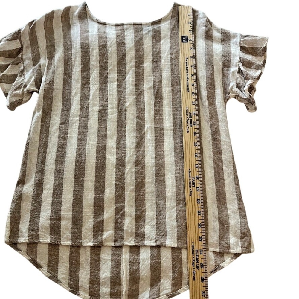 Whispers 100% Linen Top Sz L Ruffle Sleeve Taupe Stripe Lagenlook - Picture 2 of 8